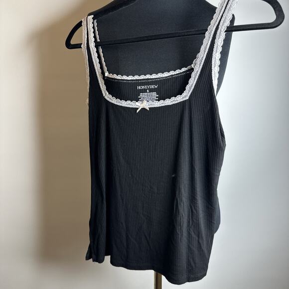 Honey Dew Fine Rib Lace Trim Tank Top Cami Square Neck Black Size S Soft Comfy - Picture 8 of 8